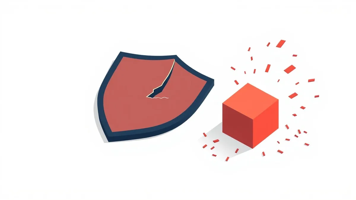 Illustration: A stylized shield with a jagged crack lies on a clean white surface.