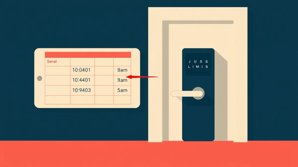 Illustration: A sleek electronic door handle sits next to a blank access log tablet.