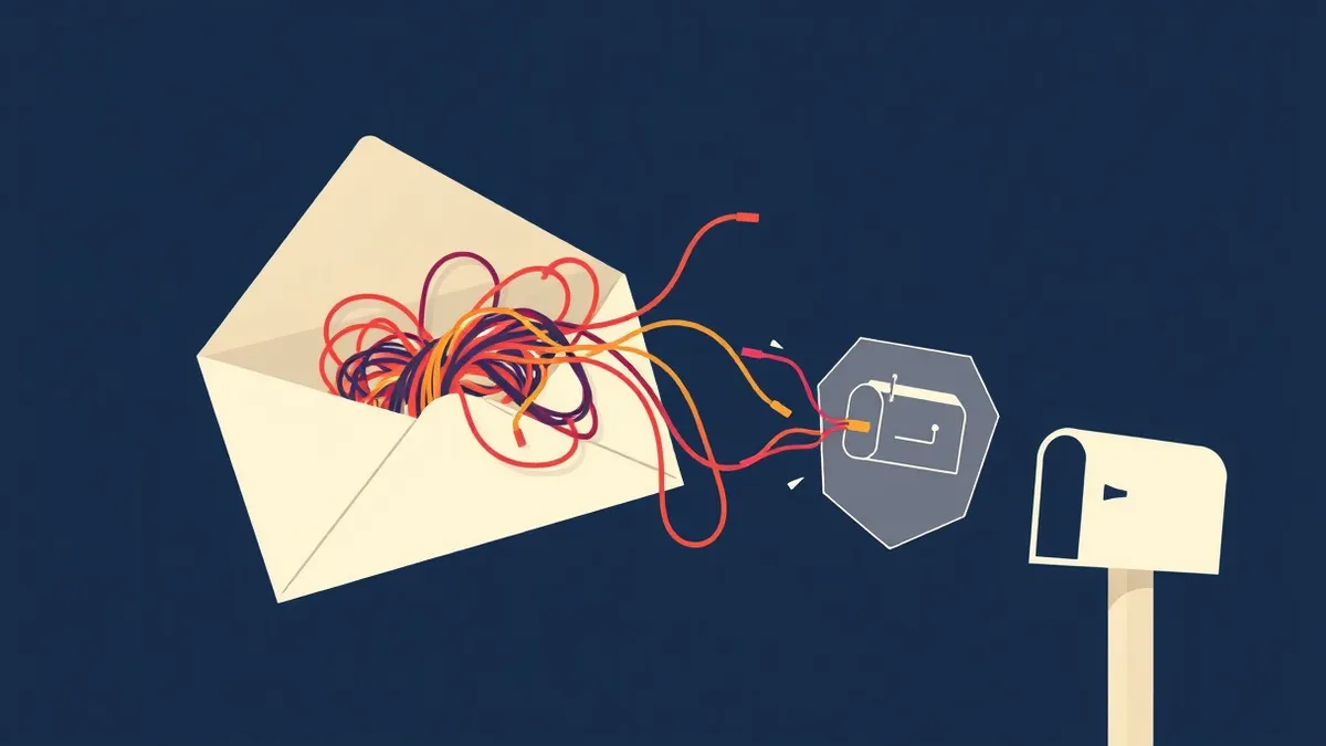 Illustration: A sleek white envelope floats mid-air, its paper surface cracking open to reveal a tangled knot of colorful wires inside.
