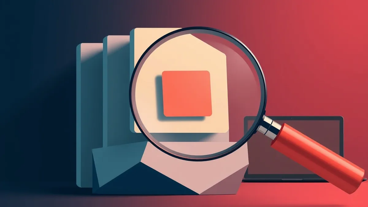 Illustration: A magnifying glass hovers over a stack of opaque, jagged geometric blocks representing encrypted files.