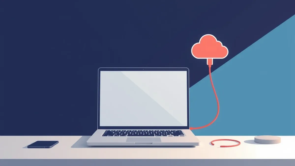 Illustration: An open browser window on a sleek desk displays a blank abstract interface.