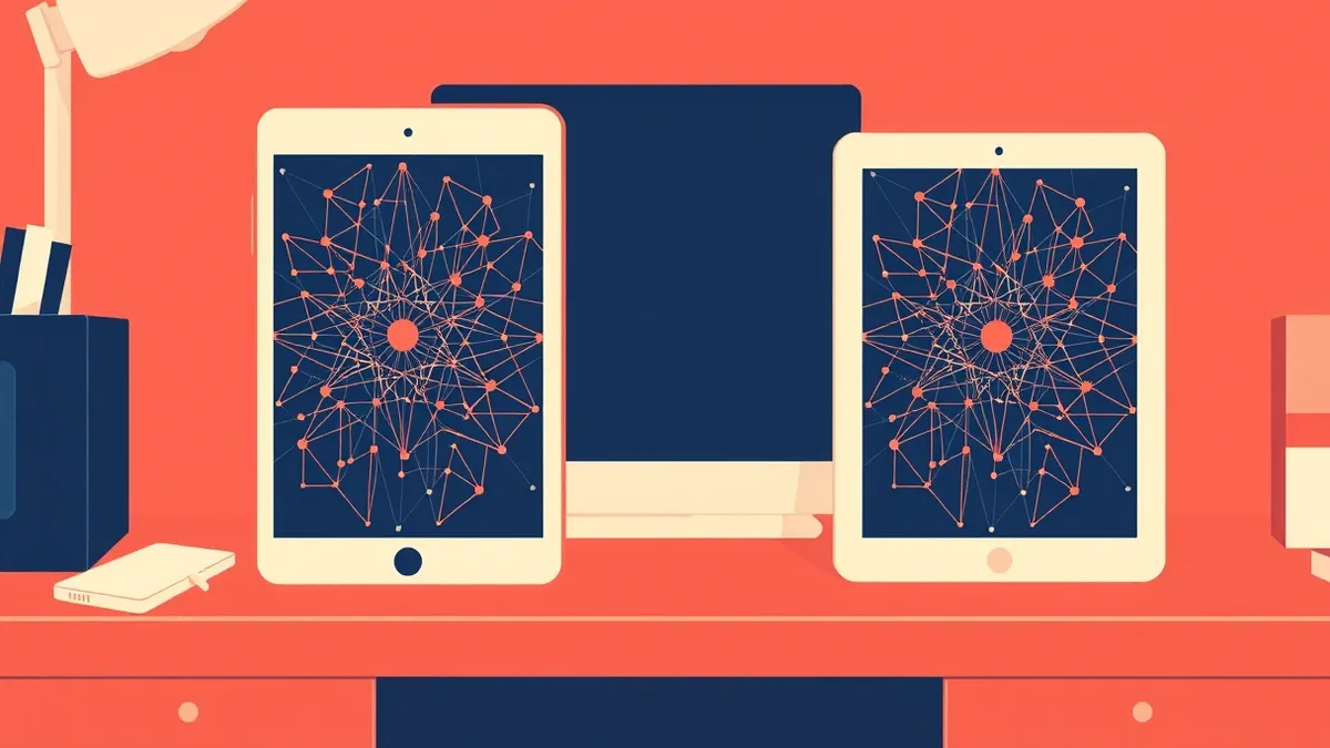 Illustration: A cluttered small office desk holds a smartphone and a tablet side by side.