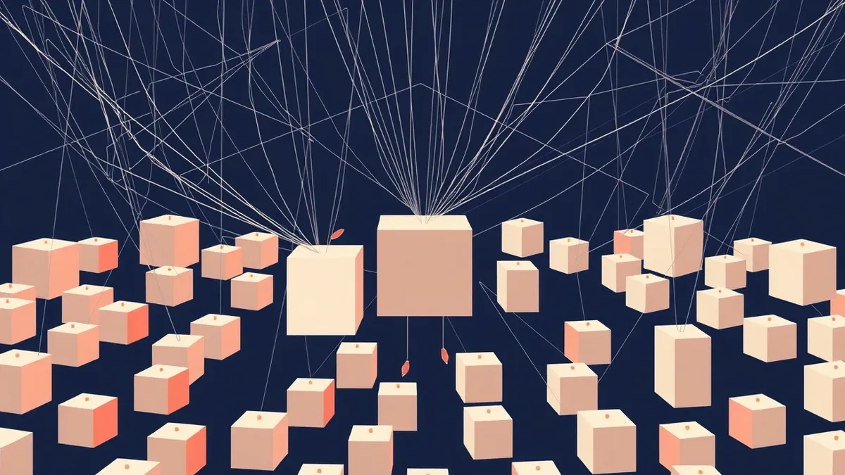 Illustration: A tangled web of thin grey threads connects a central white cube to many smaller surrounding blocks in the darkness.