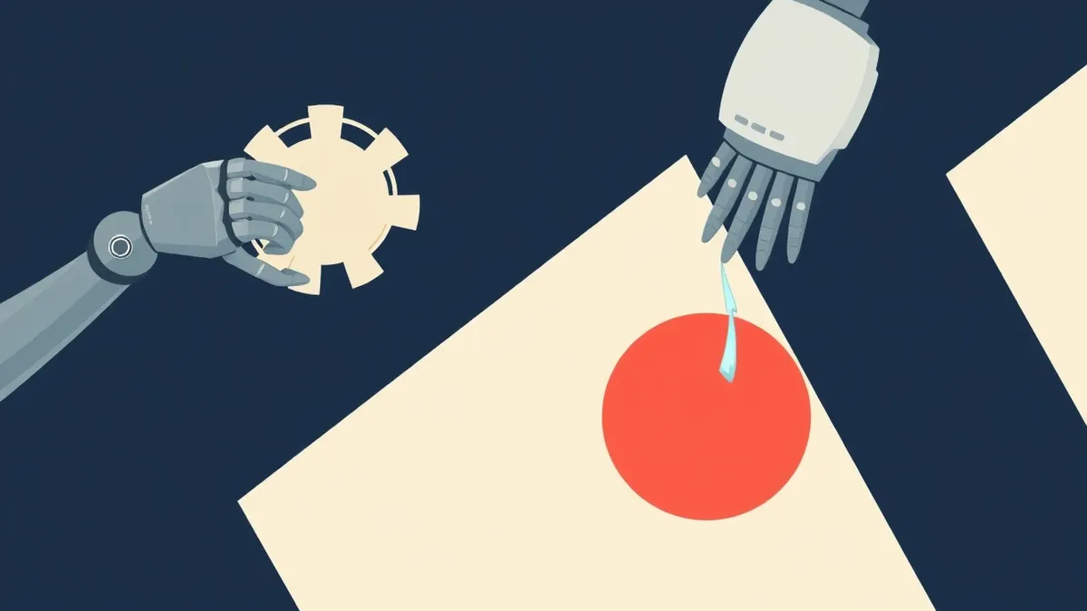 Illustration: A sleek silver robot arm reaches for a floating geometric puzzle piece.