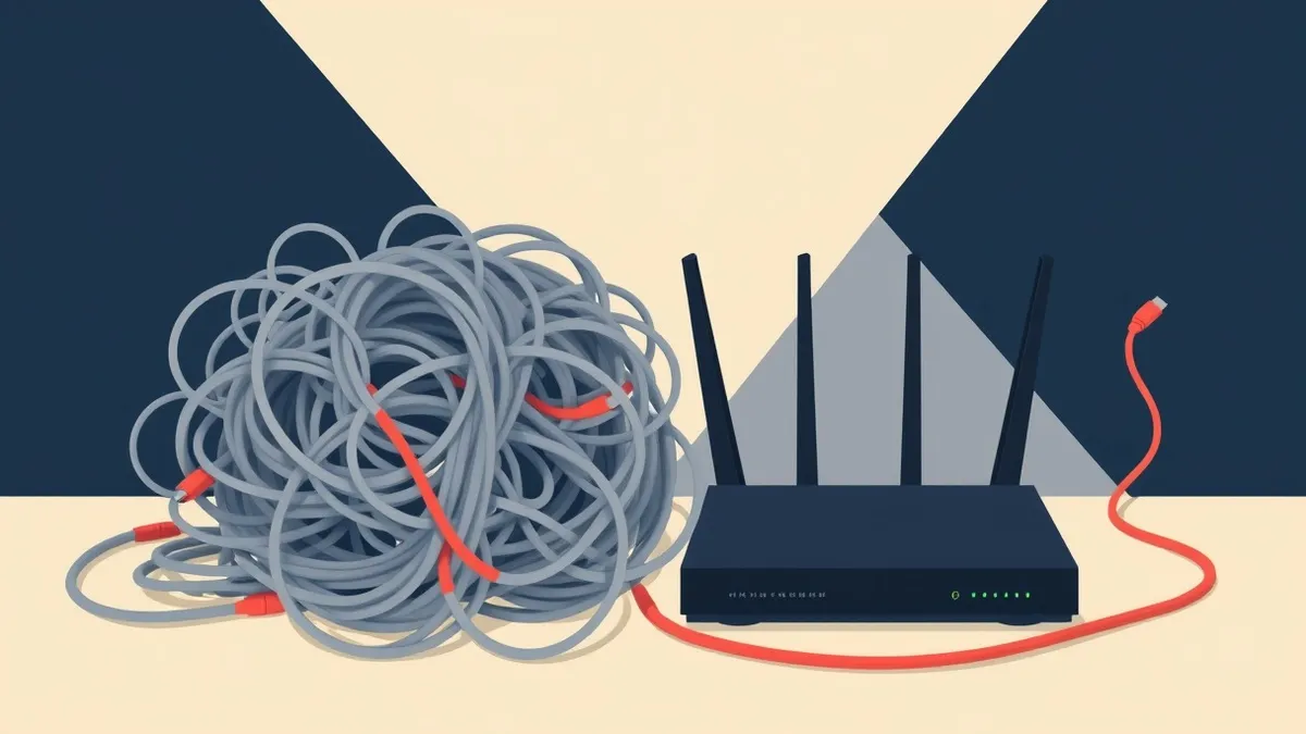 Illustration: A tangled knot of gray cables sits beside a single smooth black router.