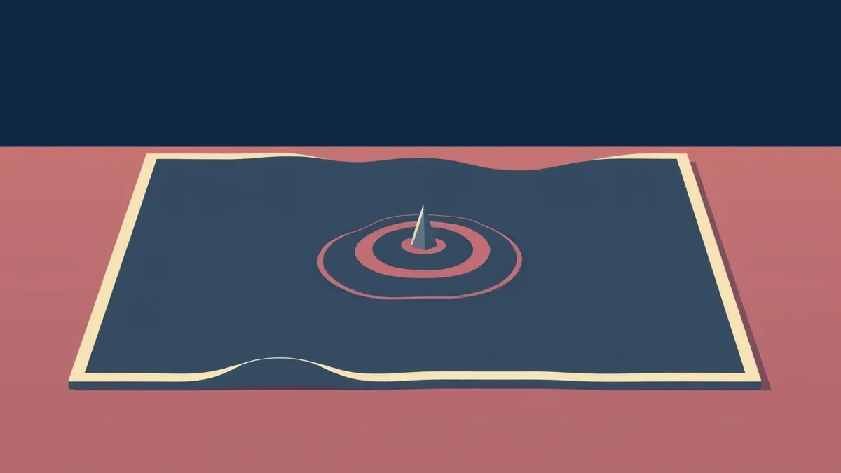 Illustration: A flat, abstract topographic map sits on a plain surface, showing a single, faint ripple disturbing the otherwise smooth contour lines.