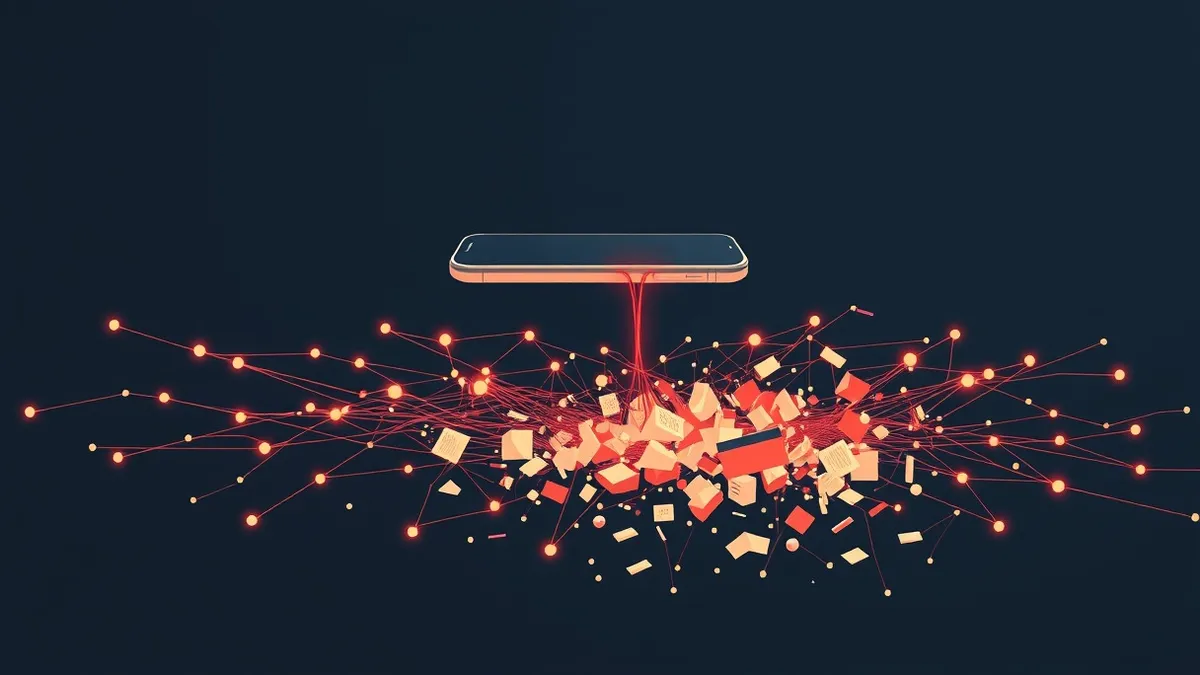 Illustration: A sleek smartphone floats above a tangled web of glowing digital threads.