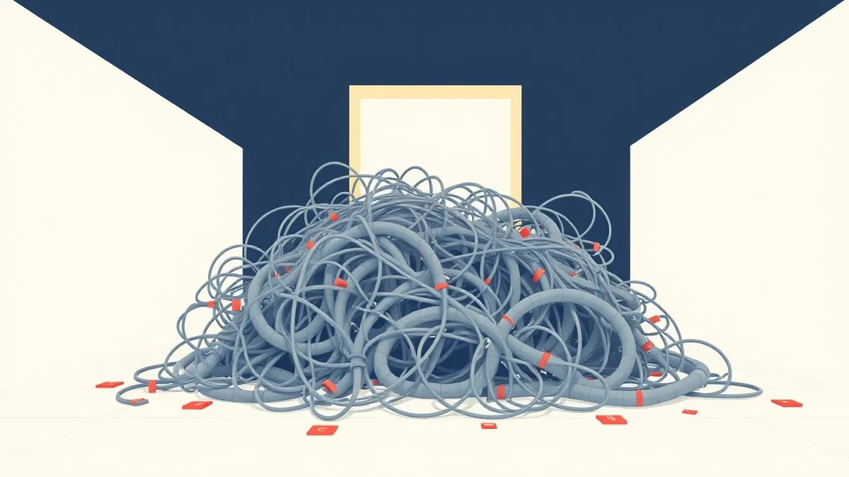 Illustration: A tangle of rigid gray pipes collapses into a chaotic heap on a sterile white floor.