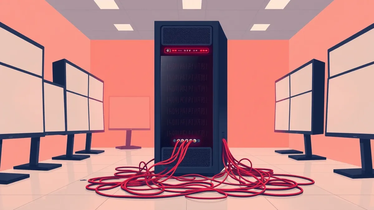 Illustration: A sleek black server rack stands in a sterile room with blank monitor panels.