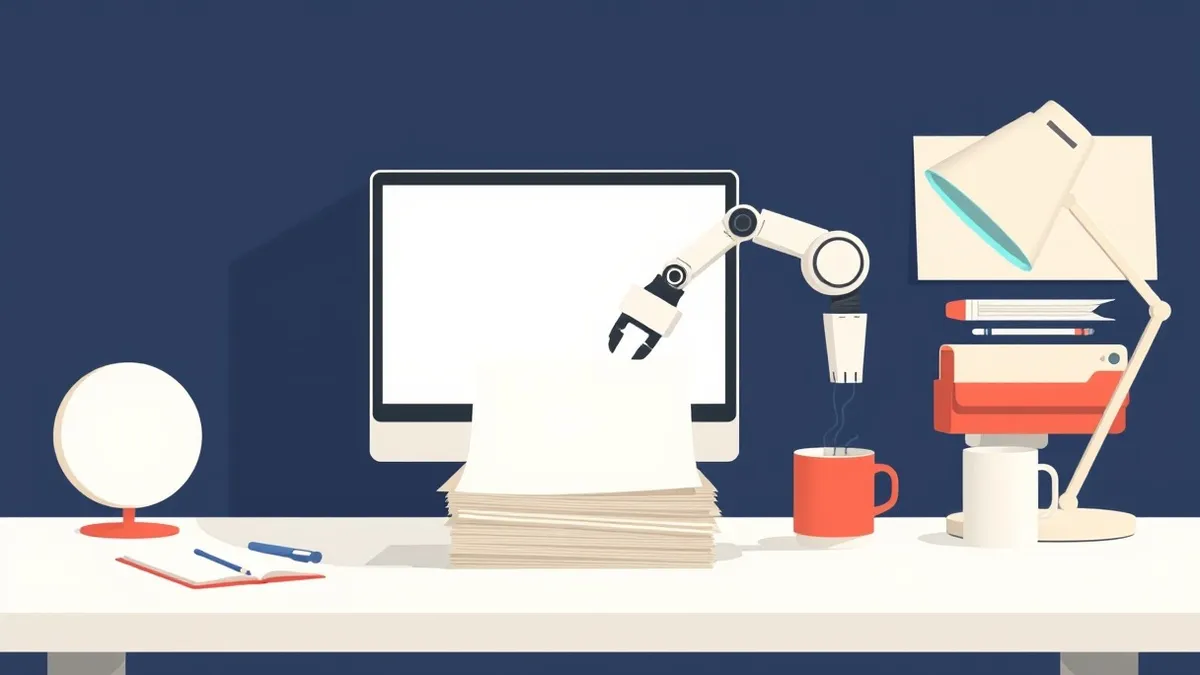 Illustration: A white desk holds a laptop with a blank screen, next to a stack of papers and a coffee mug.