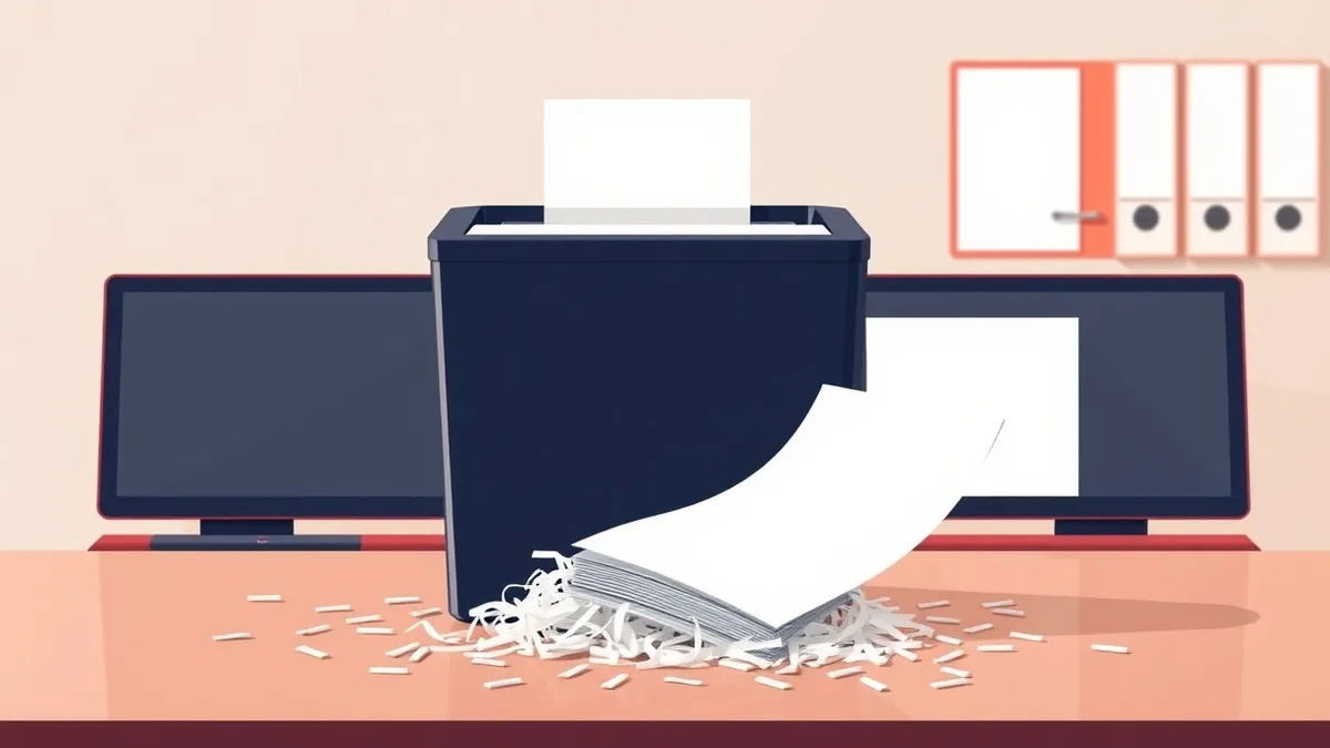 Illustration: A sleek, black shredder sits on a polished office desk, actively chewing through a stack of blank white paper sheets.