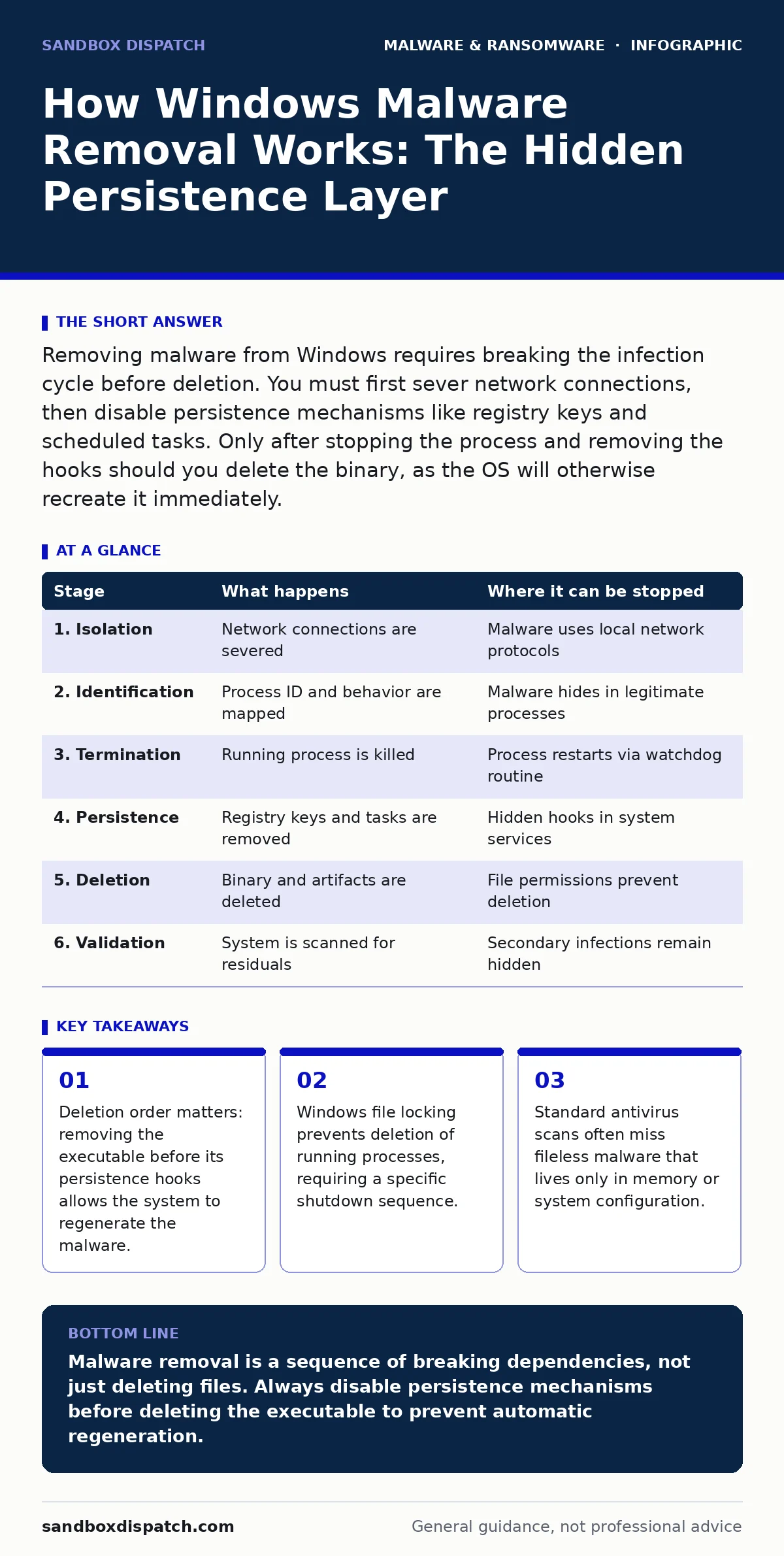 Infographic: How Windows Malware Removal Works: The Hidden Persistence Layer. Deletion order matters: removing the executable before its persistence hooks allows the system to regenerate the malware. Windows file locking prevents deletion of running processes, requiring a specific shutdown sequence.