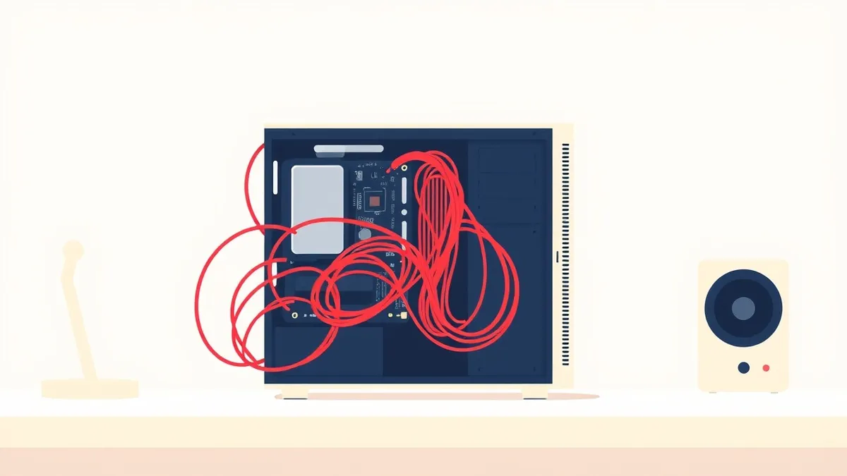 Illustration: A sleek desktop computer sits on a clean white desk with its side panel removed to reveal the internal hardware.