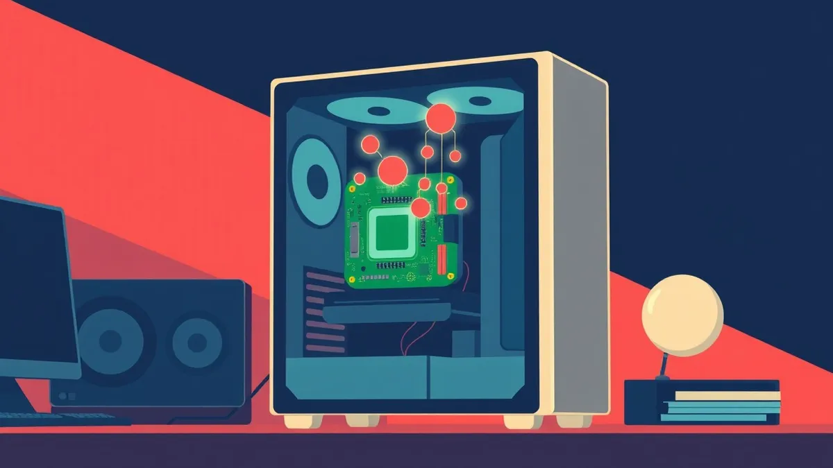 Illustration: A transparent computer tower sits on a desk with its side panel removed to reveal internal components.