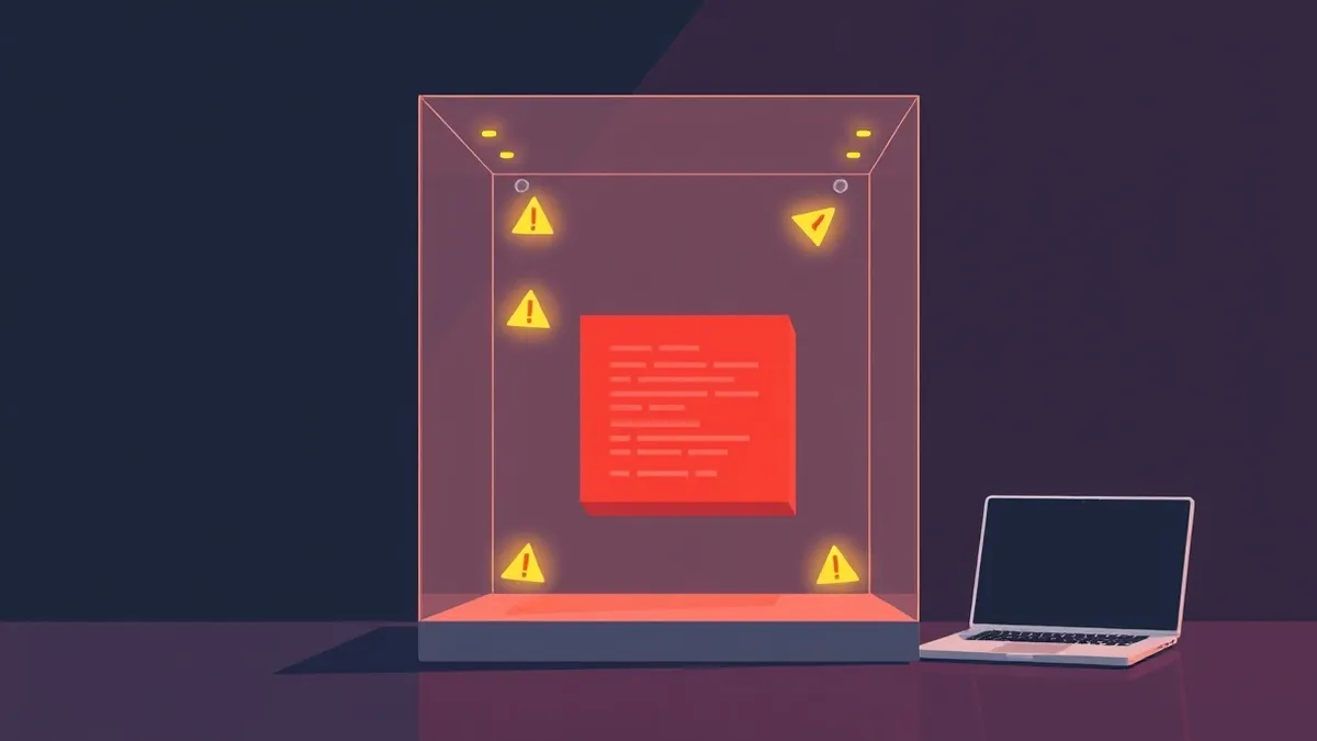 Illustration: A transparent glass box isolates a glowing red cube representing unknown code.