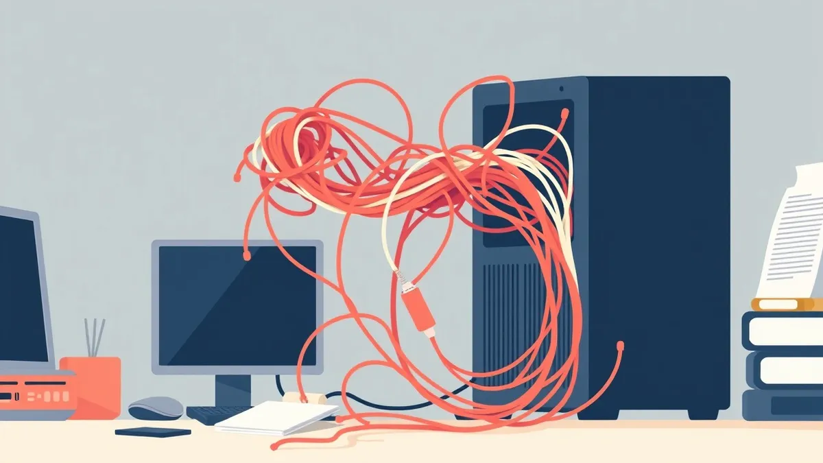Illustration: A tangled knot of colorful cables emerges from a generic desktop computer tower, spilling across a cluttered office desk.