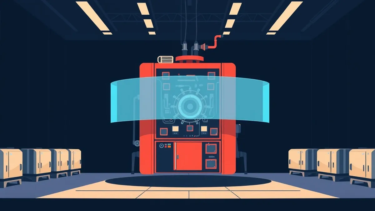 Illustration: A large, complex machine sits in a dark room, surrounded by numerous small doors and windows.