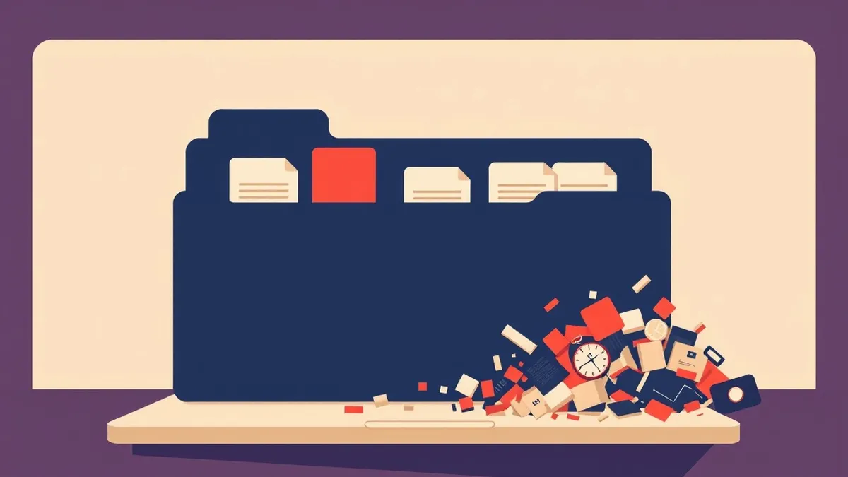 Illustration: An open folder window displays neatly arranged digital files, with one distinct red block slipping out of its proper row to blend into a chaotic pile of scattered fra