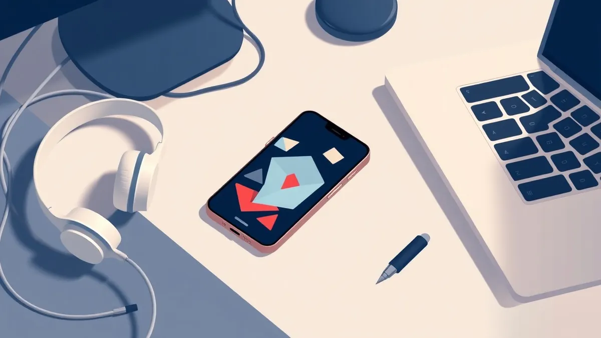 Illustration: A sleek smartphone rests on a clean desk beside a pair of wireless headphones and a minimalist laptop.
