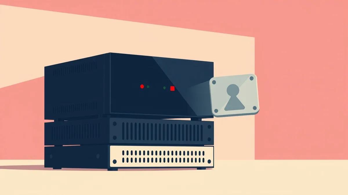 Illustration: A sleek black network appliance sits on a server rack, its front panel displaying a single solid red warning light.
