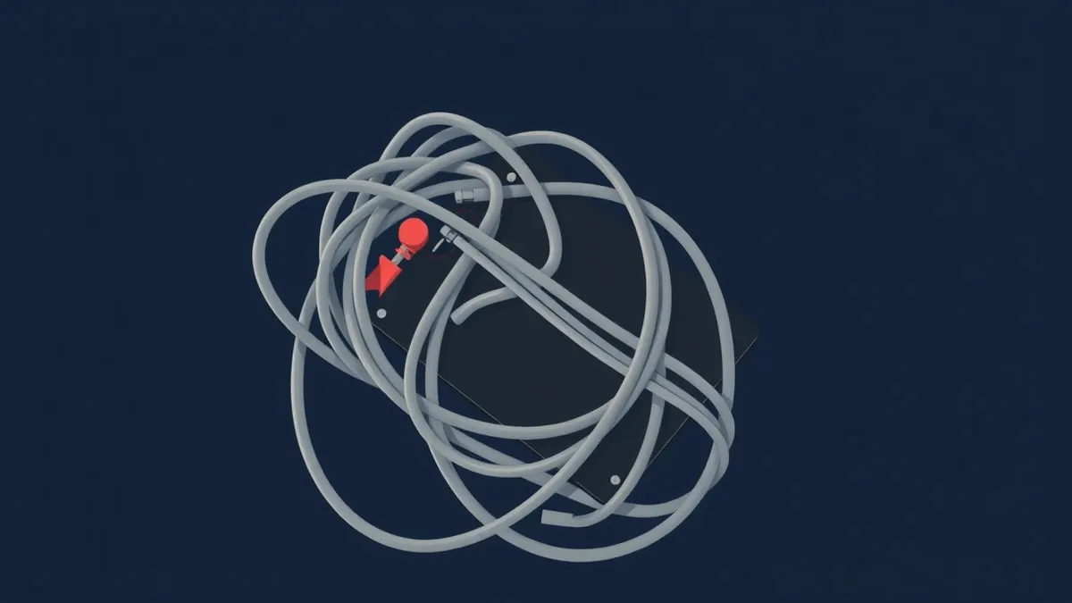 Illustration: A tangled knot of grey wires wraps tightly around a sleek black hard drive, pulling it toward a dark void.