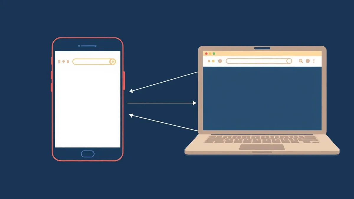 Illustration: A smartphone displays a blank browser window with generic navigation icons, mirroring a laptop screen that shows an identical empty tab.
