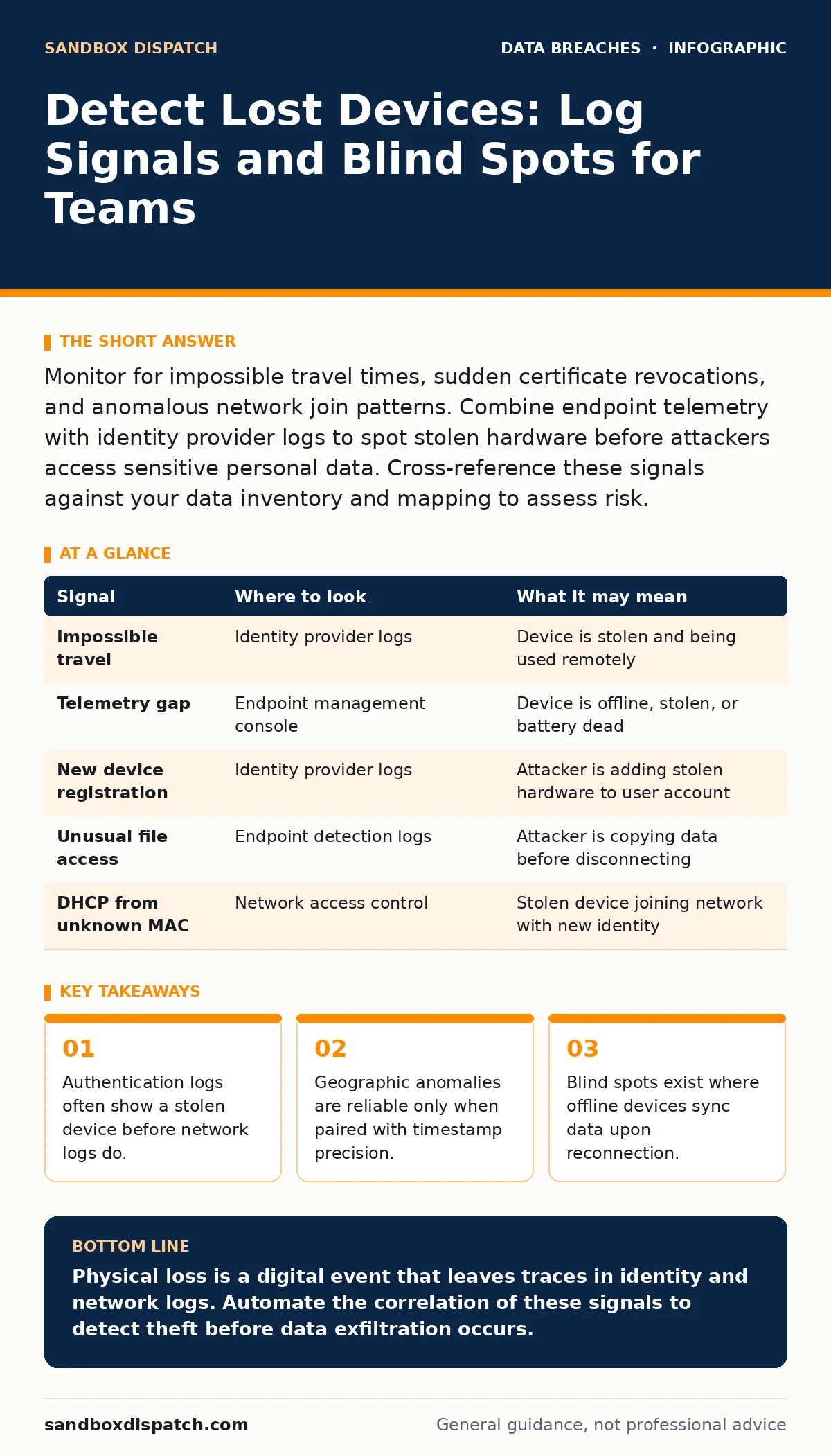 Infographic: Detect Lost Devices: Log Signals and Blind Spots for Teams. Authentication logs often show a stolen device before network logs do. Geographic anomalies are reliable only when paired with timestamp precision. Blind spots exist where offline devices sync data upon reconnection.