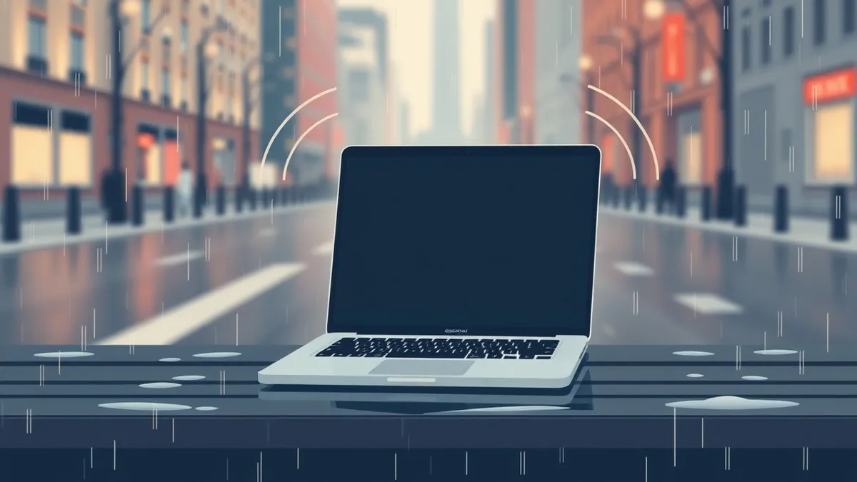 Illustration: A sleek laptop sits abandoned on a rainy city bench, its screen dark and blank.