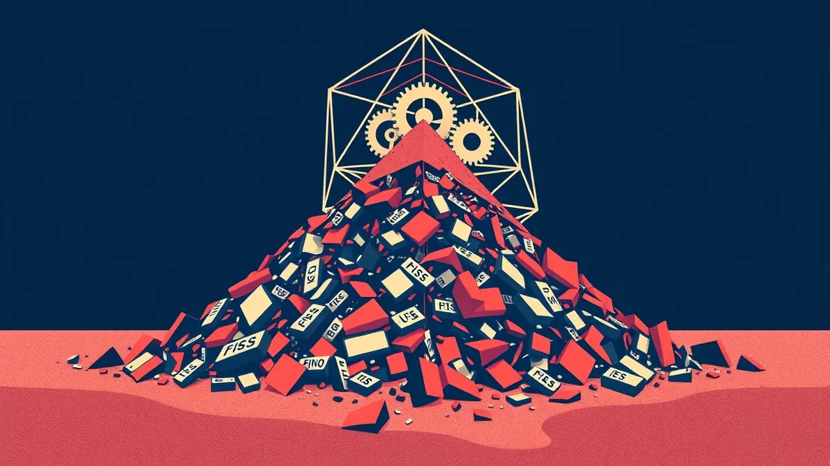 Illustration: A crumbling pyramid made of shattered file hashes and IP address blocks sits in the foreground.