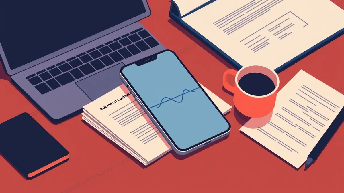 Illustration: A generic smartphone rests on a cluttered office desk next to a stack of blank legal contracts and a closed laptop.