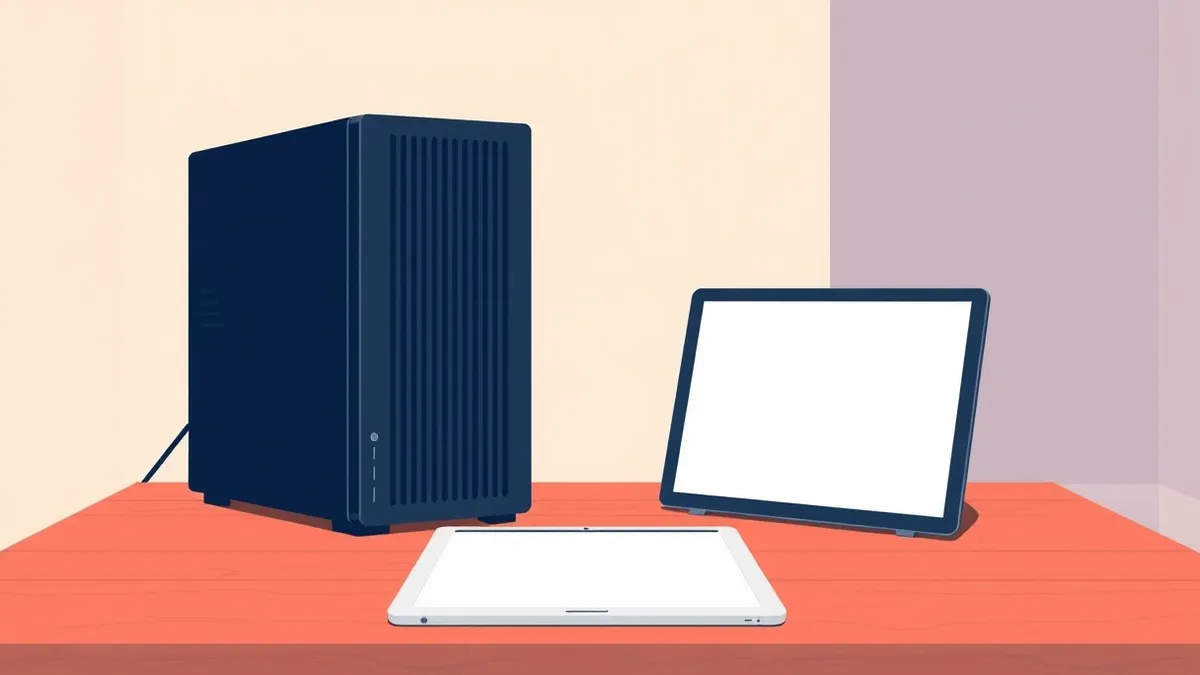 Illustration: A sleek black server tower sits on a wooden desk next to a blank tablet.