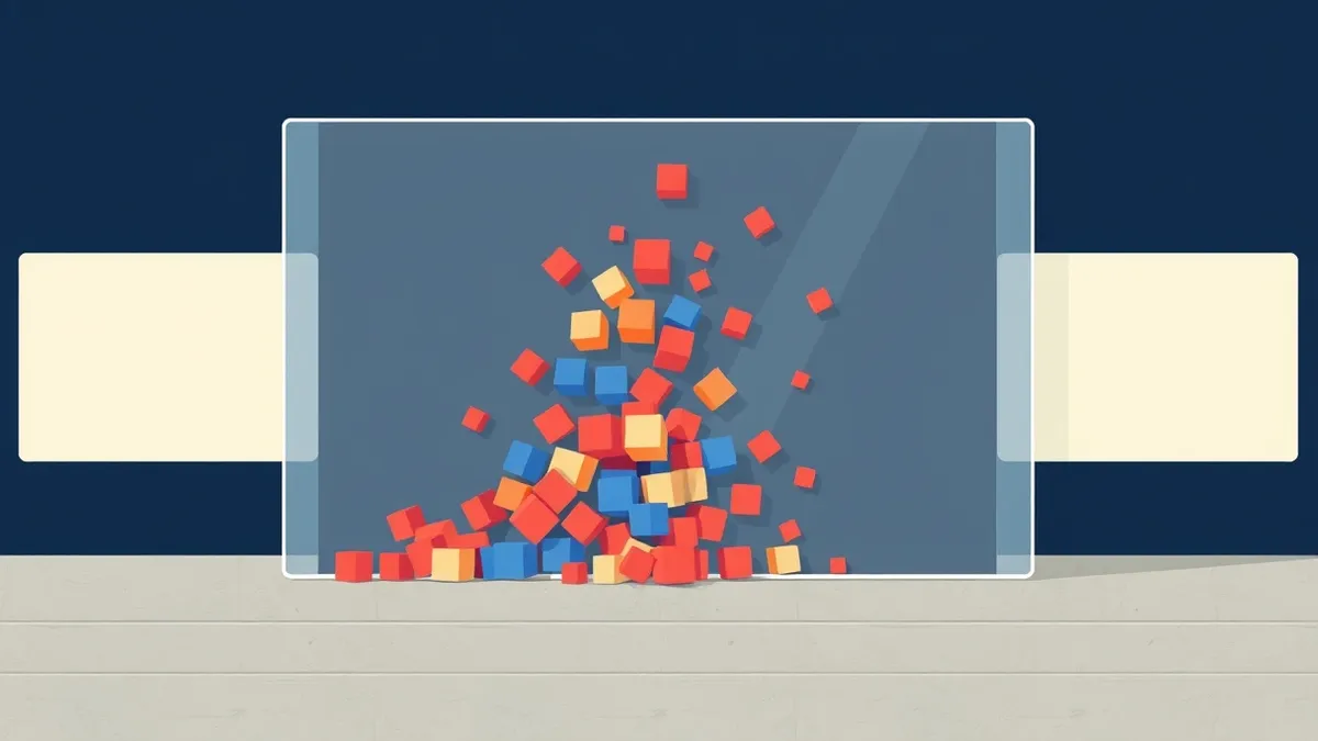 Illustration: A thick, transparent wall rises vertically from a smooth concrete floor, intercepting a steady stream of colorful geometric cubes.