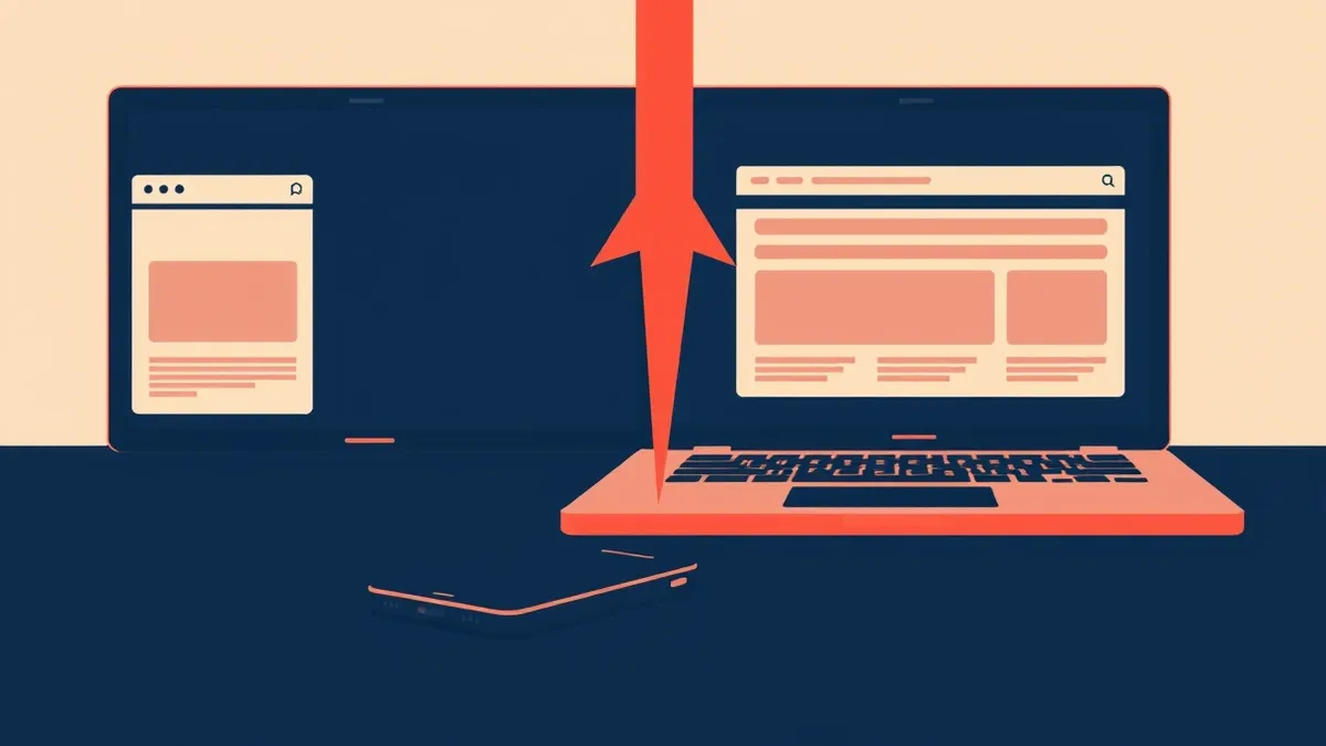 Illustration: A sleek smartphone rests on a dark desk next to an open laptop displaying blank browser windows.