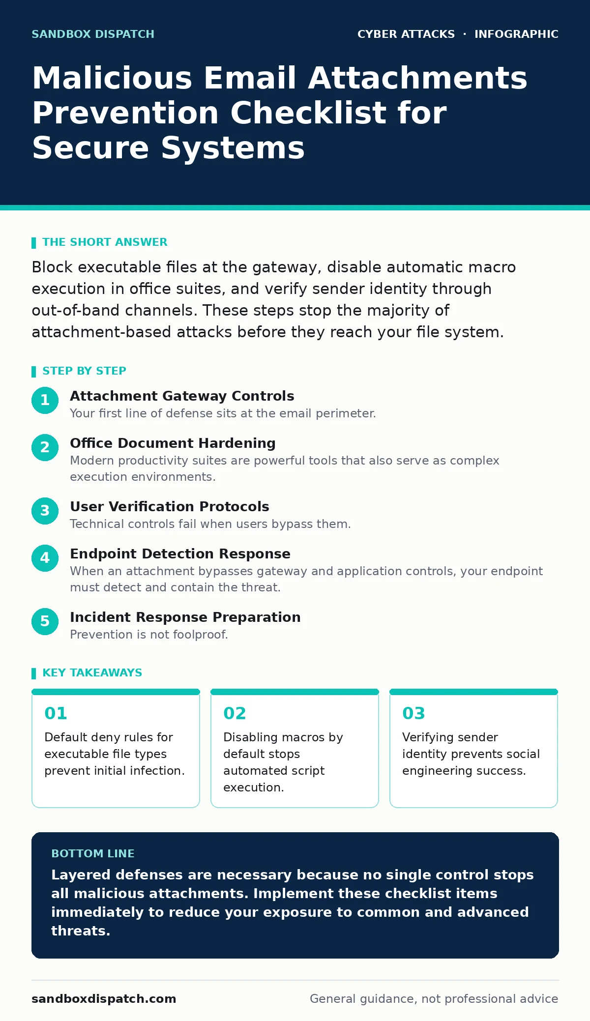 Infographic: Malicious Email Attachments Prevention Checklist for Secure Systems. Default deny rules for executable file types prevent initial infection. Disabling macros by default stops automated script execution. Verifying sender identity prevents social engineering success.