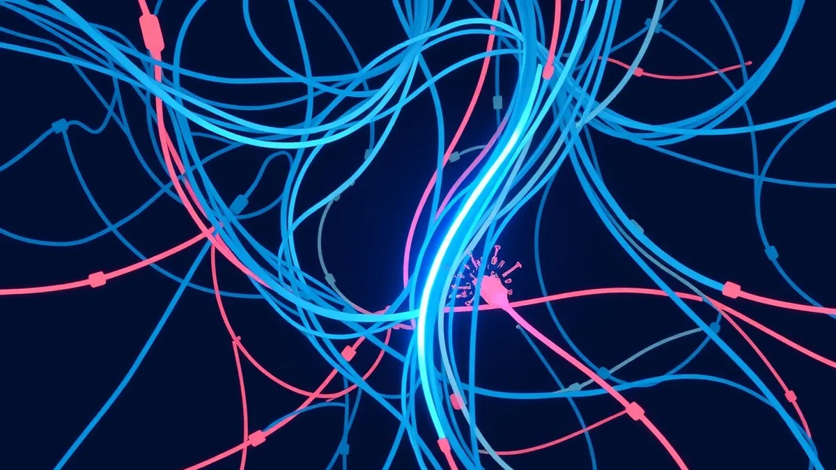 Illustration: A tangled mass of fiber optic cables glows faintly blue against a dark background.