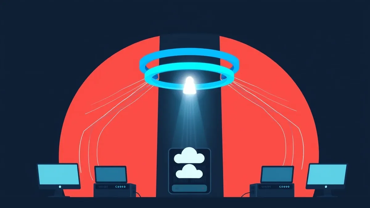 Illustration: A sleek black security tower with five glowing blue rings hovering above it.