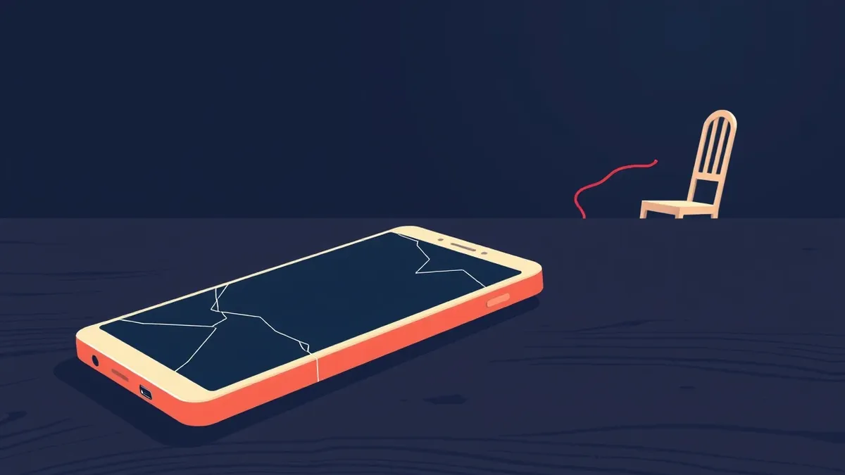 Illustration: A cracked smartphone rests on a dark wooden table, its blank screen reflecting a shadowy room.