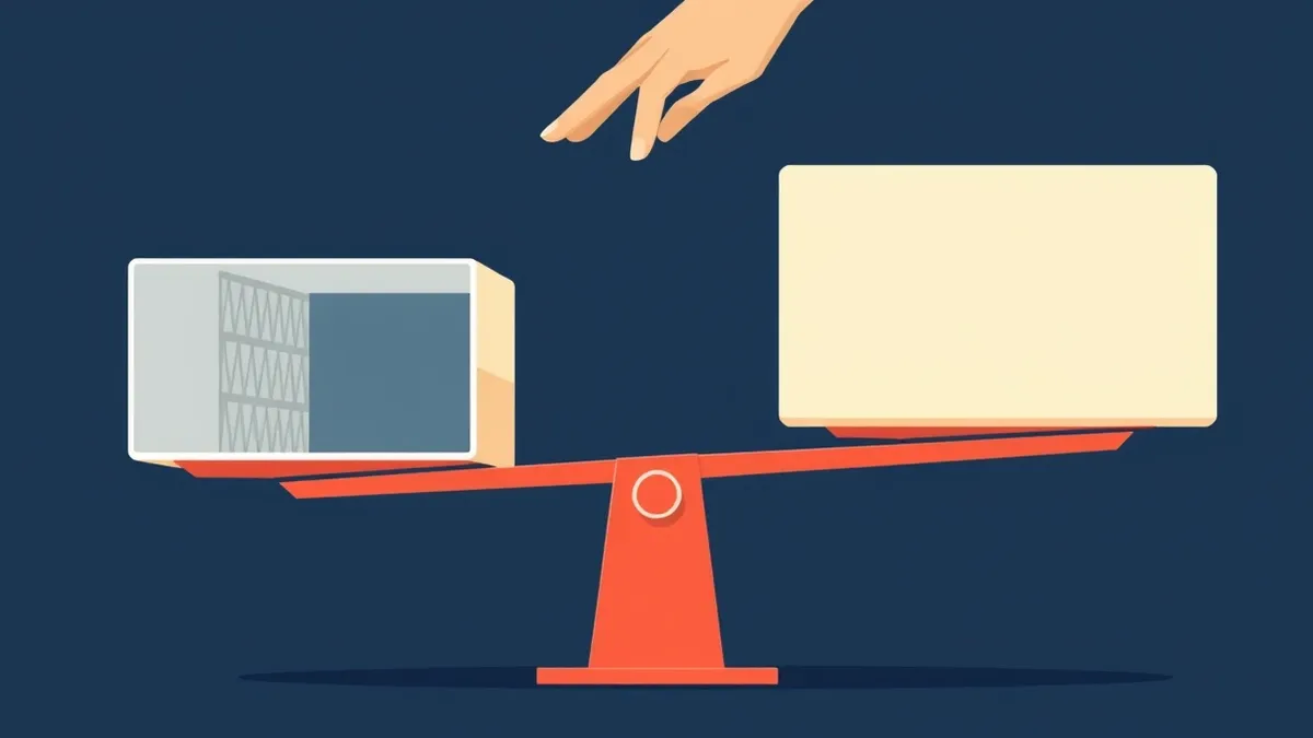Illustration: A digital scale balances two distinct abstract geometric blocks.