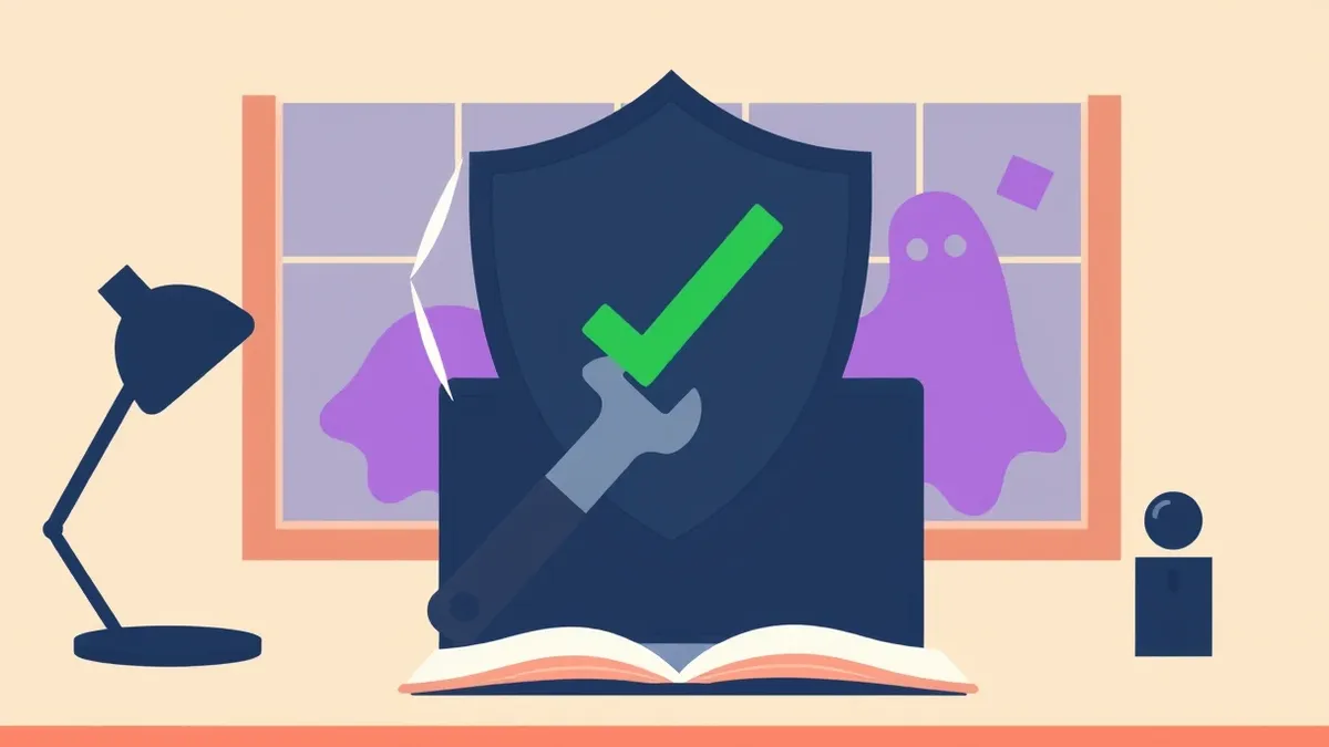 Illustration: A sleek security shield with a bright green checkmark sits firmly on a desk, deflecting a gray wrench.
