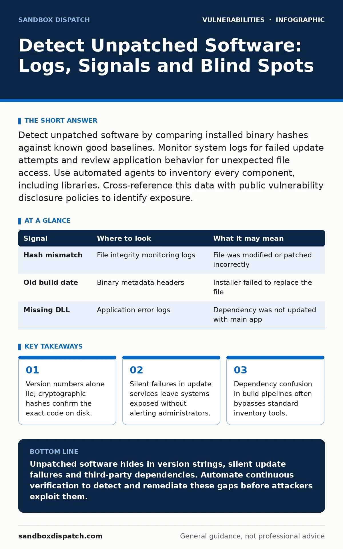 Infographic: Detect Unpatched Software: Logs, Signals and Blind Spots. Version numbers alone lie; cryptographic hashes confirm the exact code on disk. Silent failures in update services leave systems exposed without alerting administrators. Dependency confusion in build pipelines often bypasses stan