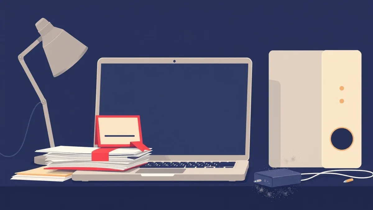 Illustration: A cluttered desk holds a silver laptop with a blank screen and a stack of paper folders.