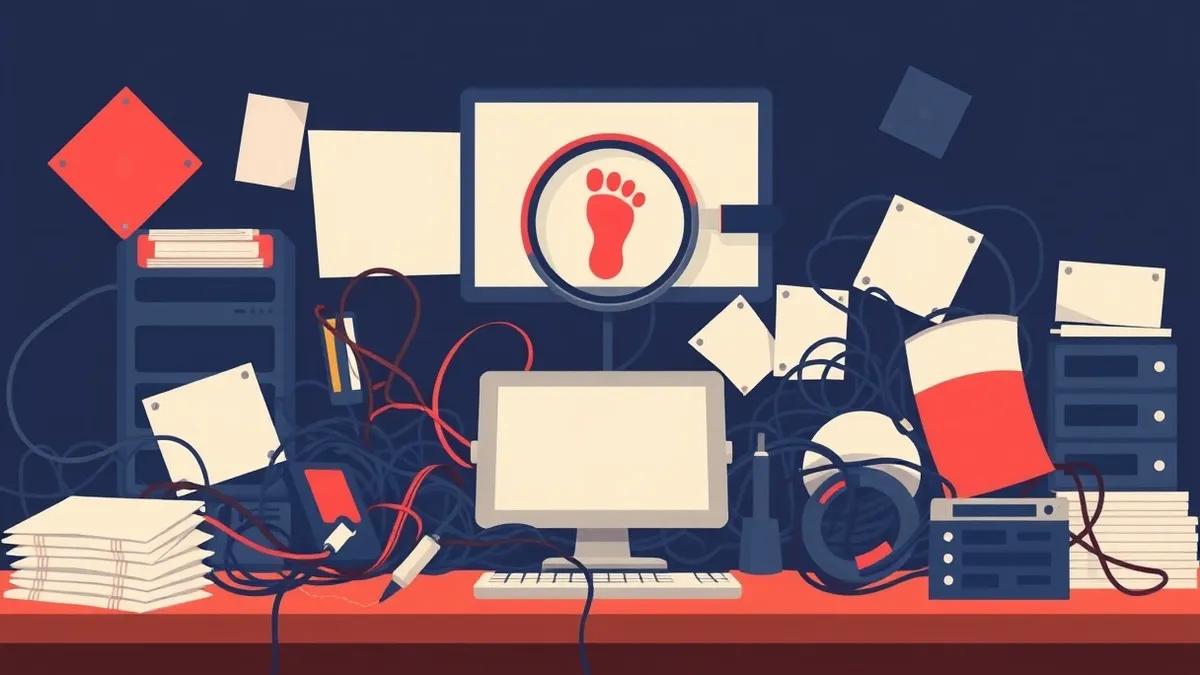 Illustration: A cluttered desk holds a tangled mass of tangled cables and empty data drives, while a sleek, isolated magnifying glass hovers over a single, distinct red footprint.