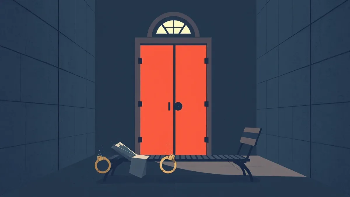 Illustration: A solitary heavy iron door stands closed in a stark concrete corridor.