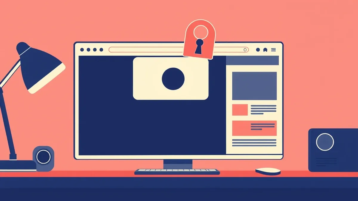 Illustration: A single web browser window sits open on a desk, displaying a blank interface with a large, stylized gear icon floating in the center.