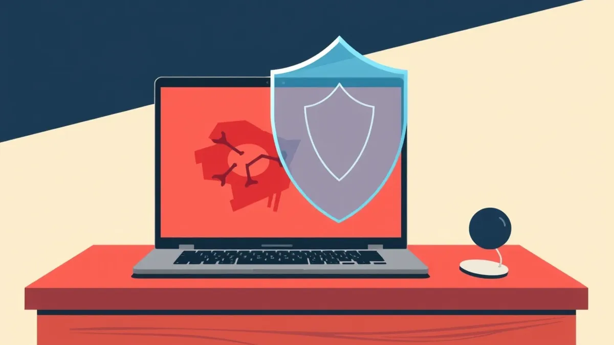 Illustration: A sleek laptop sits on a wooden desk, its screen displaying a pulsing red abstract shape that signals a threat.