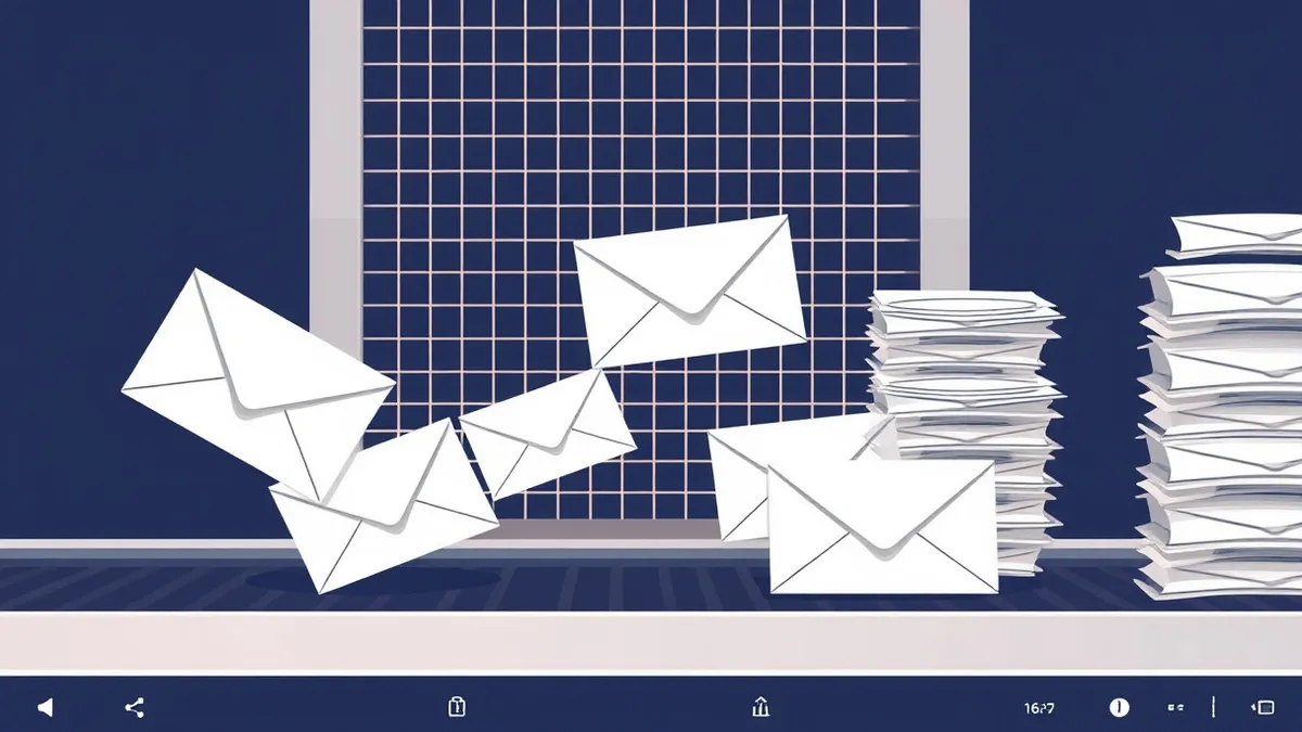 Illustration: A clean white envelope travels along a conveyor belt toward a large metal grate.