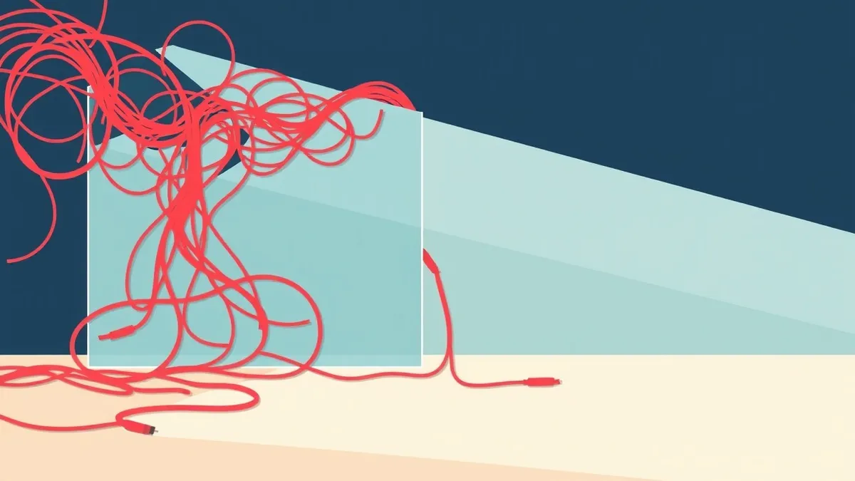 Illustration: A transparent glass wall separates a chaotic storm of tangled red wires from a calm, empty room.