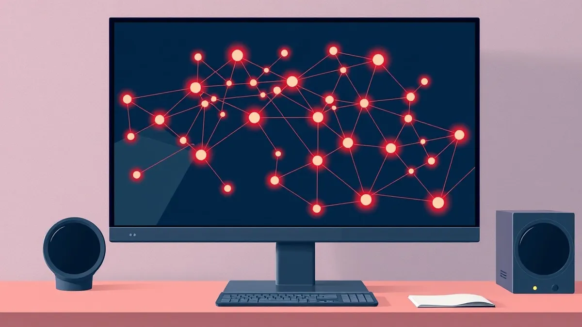 Illustration: A sleek, dark monitor sits on a desk, displaying a complex web of glowing orange and red lines connecting abstract geometric nodes.