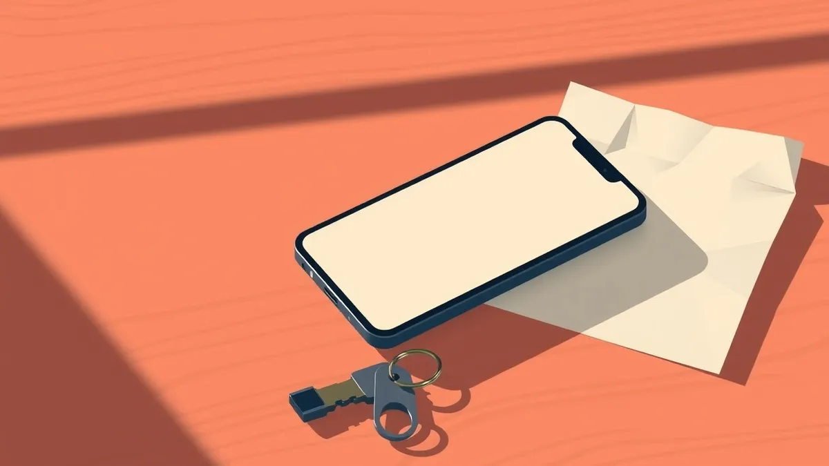 Illustration: A sleek smartphone rests on a wooden desk next to a crumpled piece of paper and a set of keys.