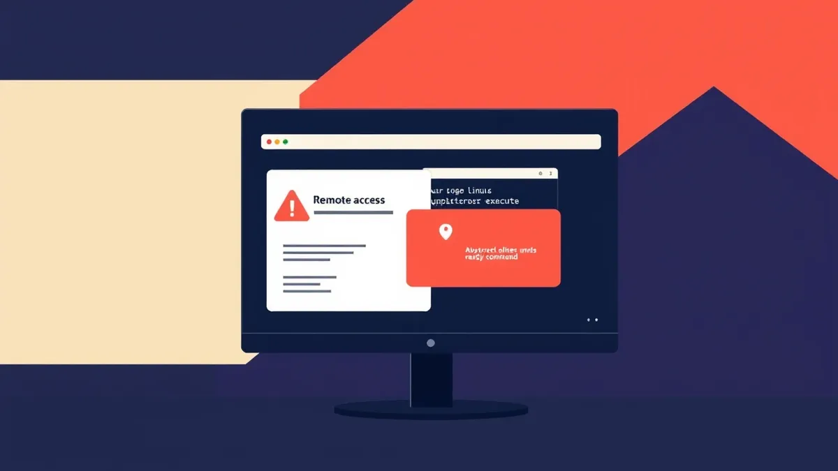 Illustration: A Linux desktop monitor displays a remote access window with a prominent red warning icon and an open terminal prompt.